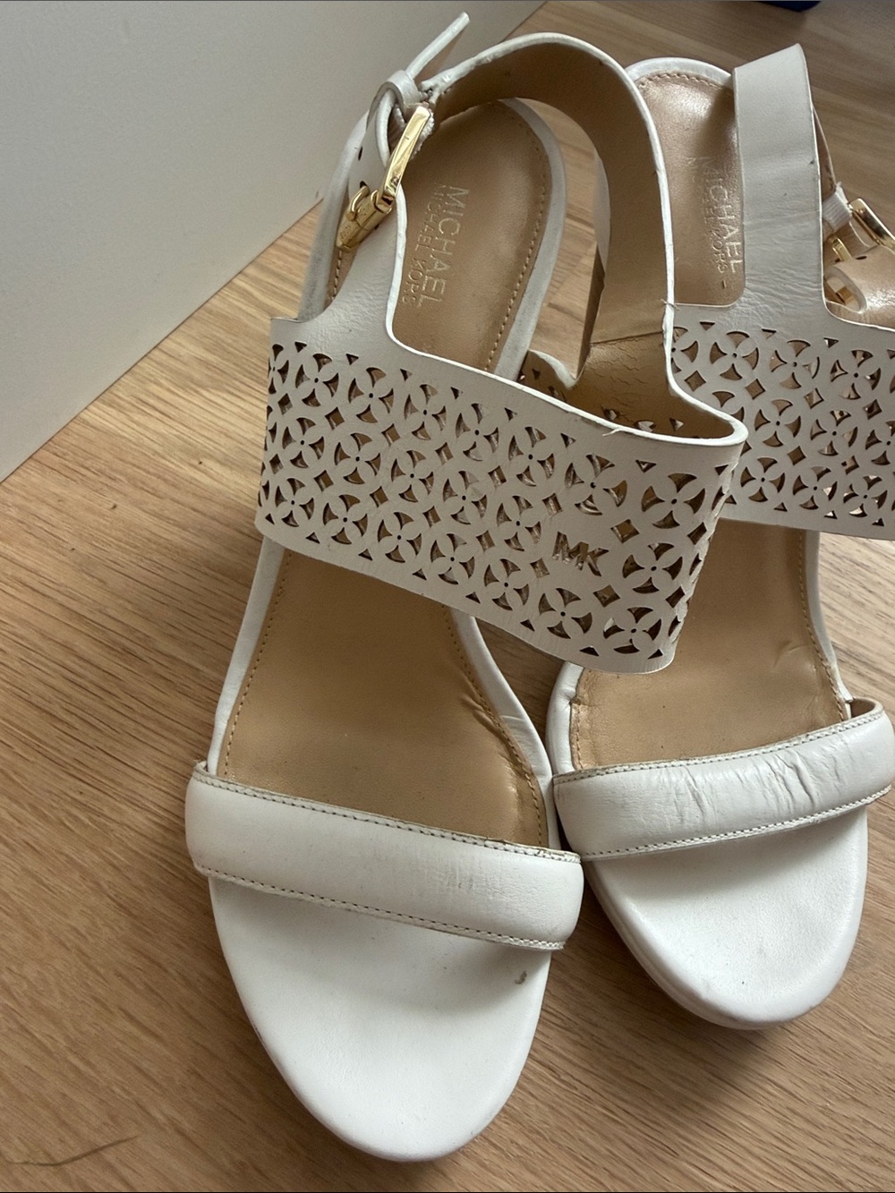 MICHAEL Michael Kors White Laser-Cut Leather Wedge Sandals